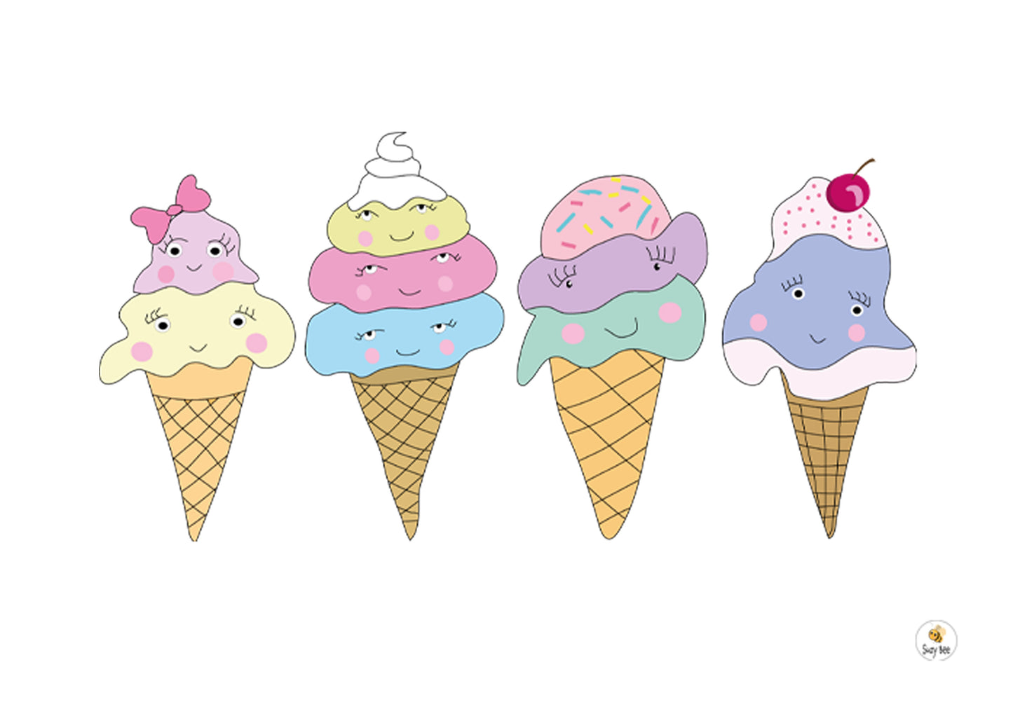 4 in a row Icecream Illustration - Children's Wall Art