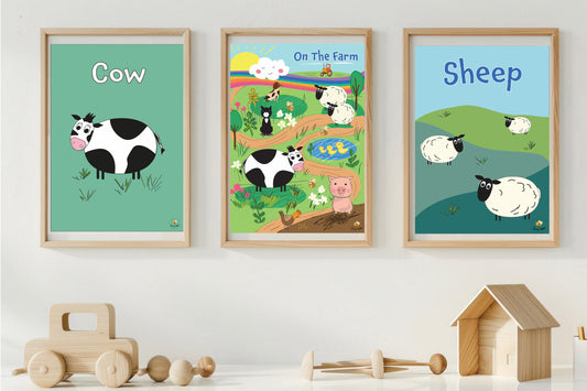 Set of Three- Cow| Farm |Sheep - Farm Themed Prints  - Children's Wall Art