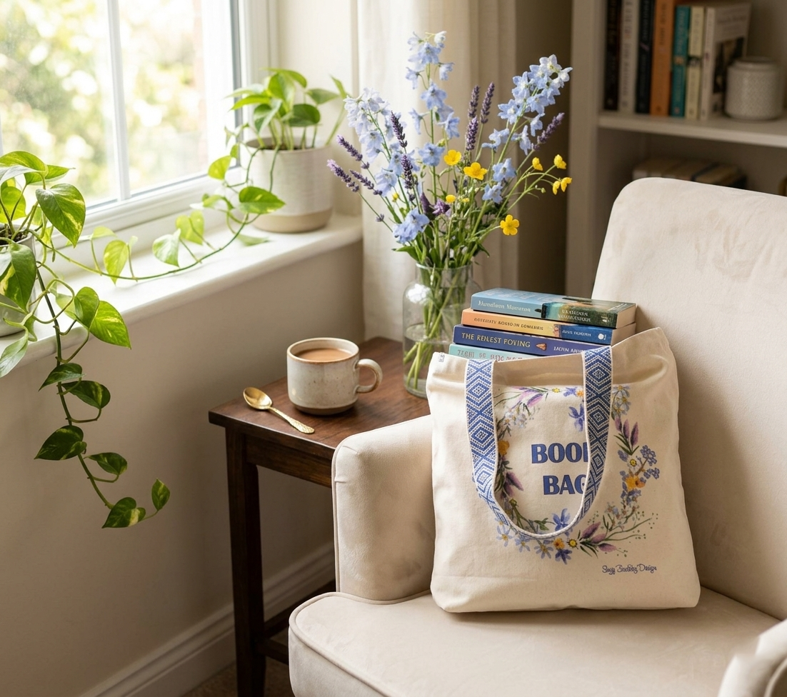 Book Bag- Luxury Tote Library Bag - Buddleia & Daisy - Hand Painted Illustration