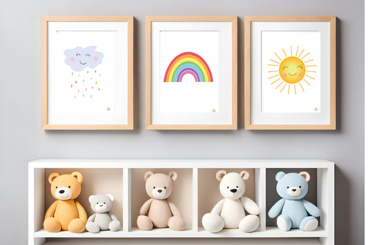 Sun, Rainbow and Rain cloud Print Collection - Children's Wall Art