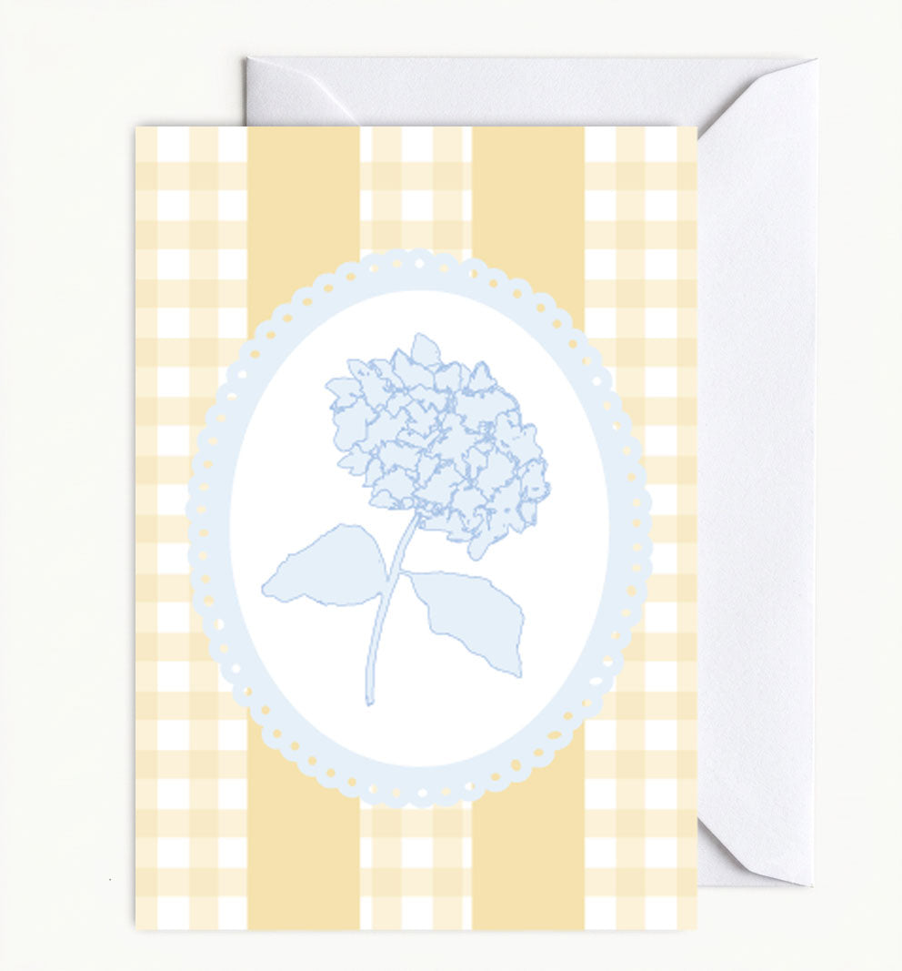 Blue Hydrangea on Yellow Gingham Greeting Card