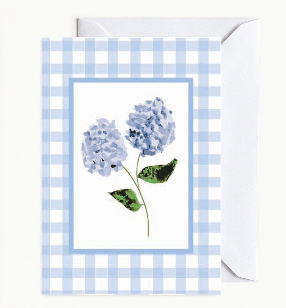 Blue Gingham Hydrangea Greeting Card