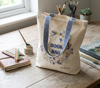 Book Bag- Luxury Tote Library Bag - Buddleia & Daisy - Hand Painted Illustration