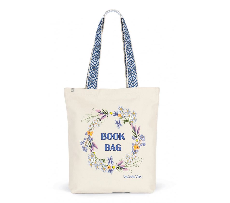 Book Bag- Luxury Tote Library Bag - Buddleia & Daisy - Hand Painted Illustration