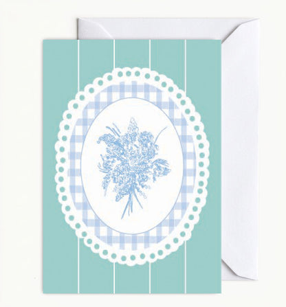Teal Green & Blue Gingham Floral Bouquet Card