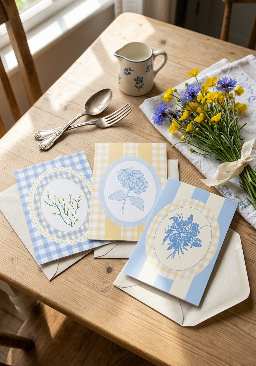 Blue & Cream Stripe Floral Cameo Card