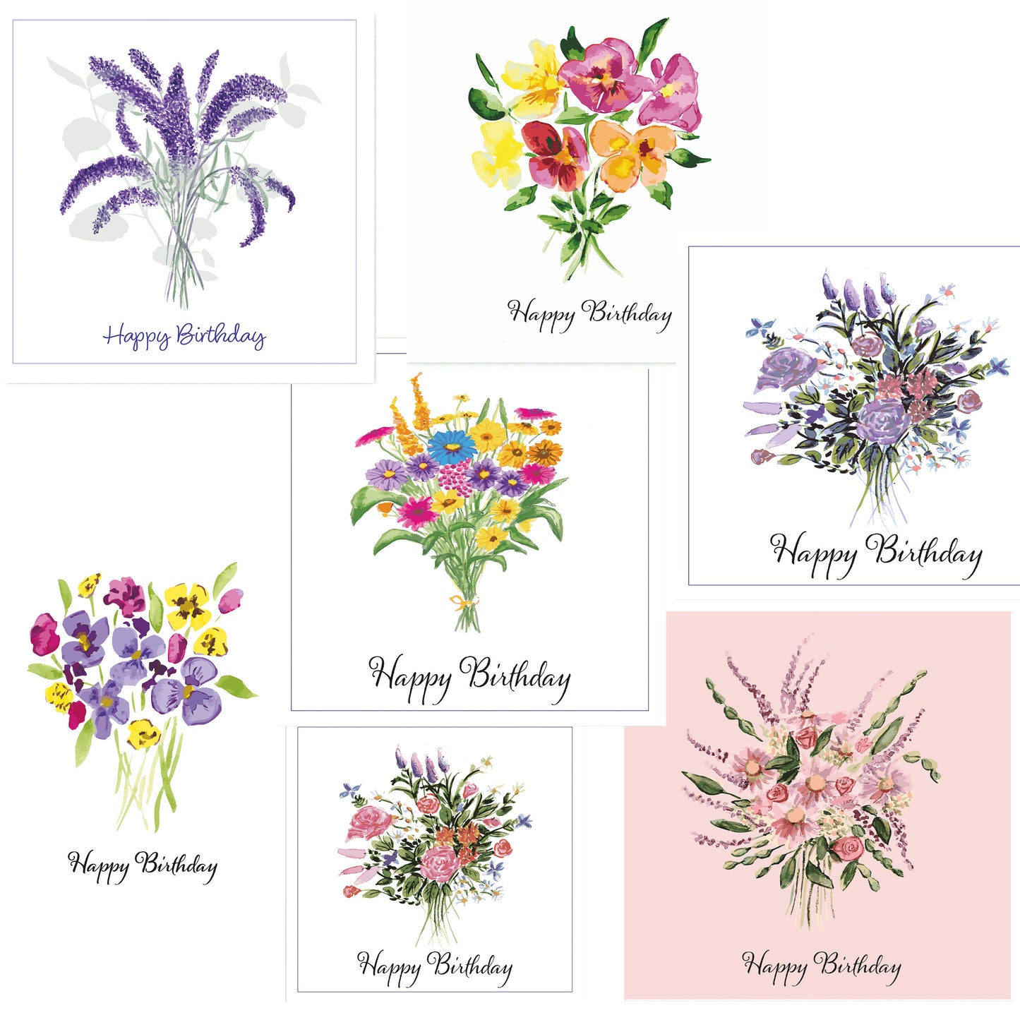 Flower Bouquet - Birthday Card Set - Seven Unique, Hand Painted Designs