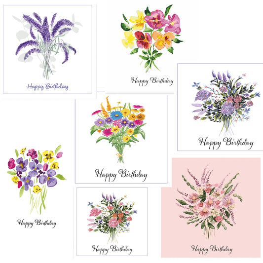 Flower Bouquet - Birthday Card Set - Seven Unique, Hand Painted Designs