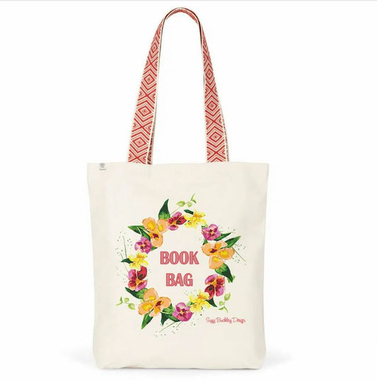 Book Bag- Luxury Tote Library Bag - Sweet Pea Design - Hand Painted Illustration